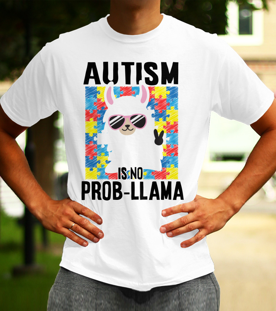 Autism Is No Prob-Llama Puzzle Pattern Sunglasses Peace Sign T-Shirt