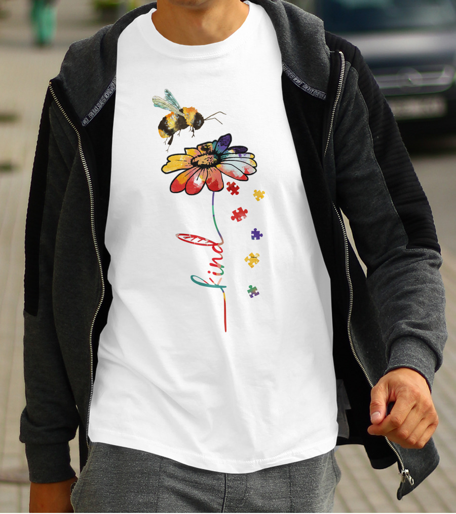 Bee Kind Puzzle Flower With Colorful Petals And Bumblebee T-Shirt