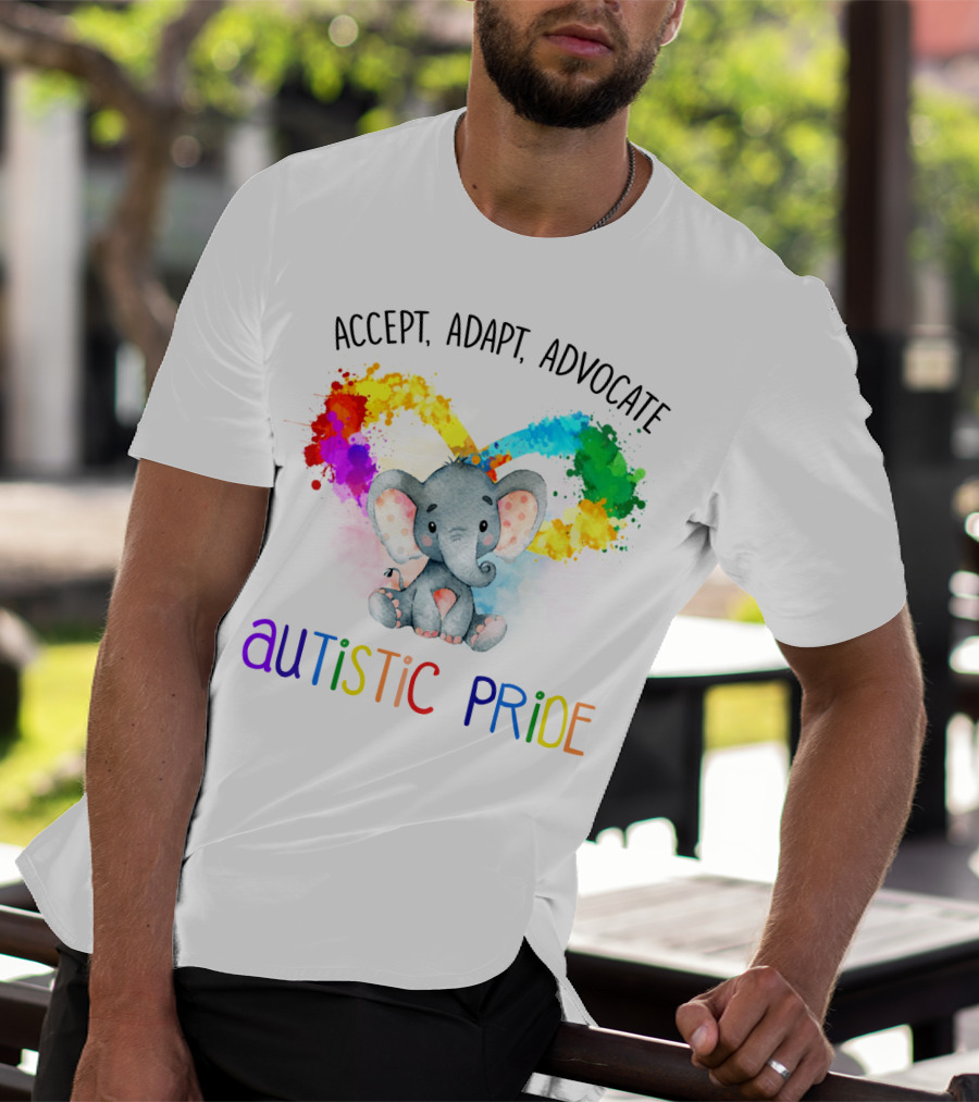 Accept, Adapt, Advocate Autistic Pride Colorful Elephant T-Shirt