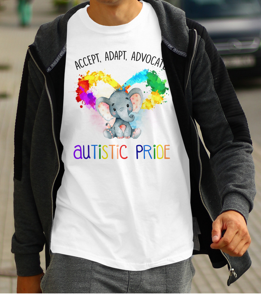 Accept, Adapt, Advocate Autistic Pride Colorful Elephant T-Shirt