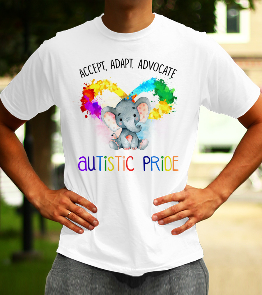 Accept, Adapt, Advocate Autistic Pride Colorful Elephant T-Shirt