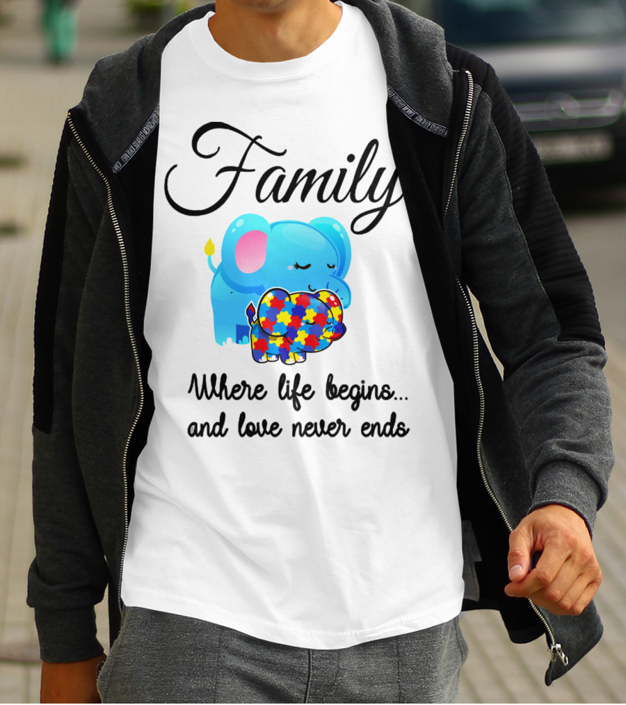 Family Where Life Begins Love Never Ends Autism Puzzle Piece Elephant T-Shirt