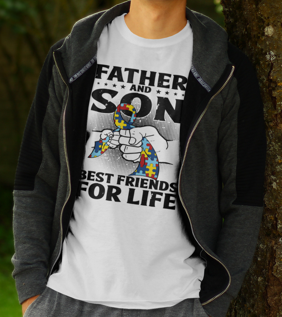 Father And Son Best Friends For Life Autism Puzzle Ribbon Fist Bump T-Shirt