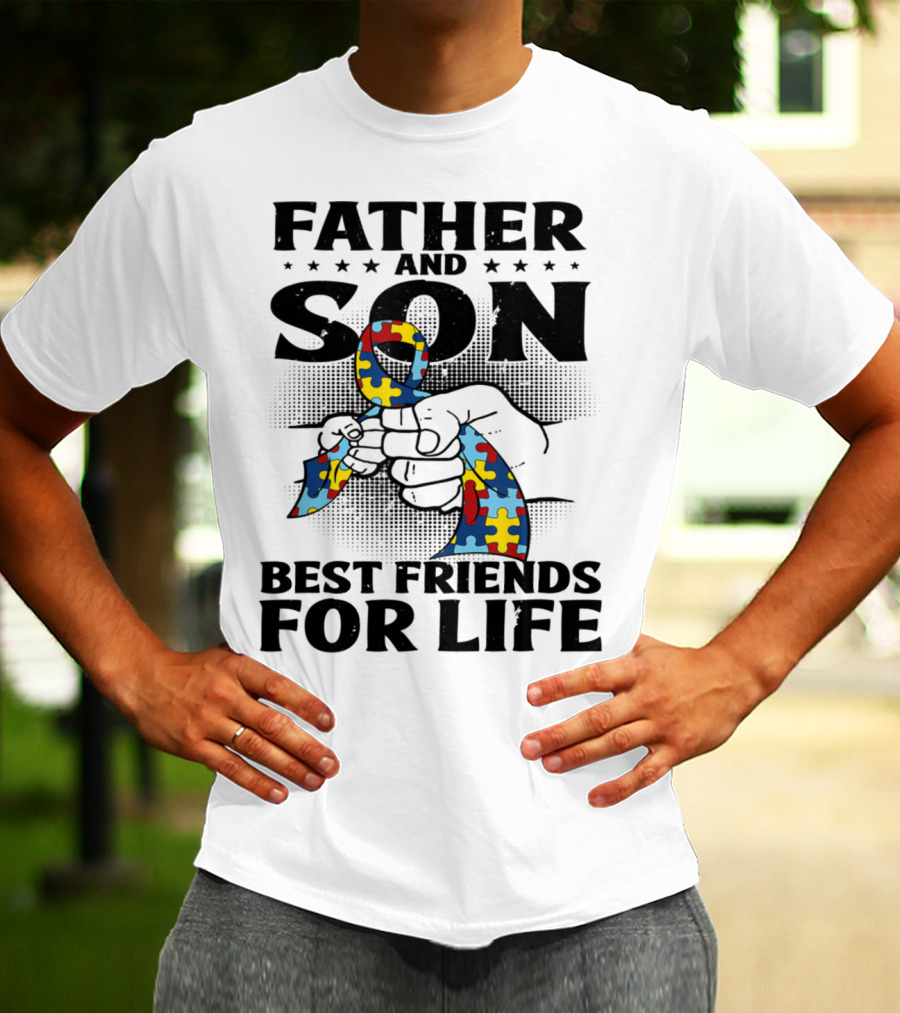 Father And Son Best Friends For Life Autism Puzzle Ribbon Fist Bump T-Shirt