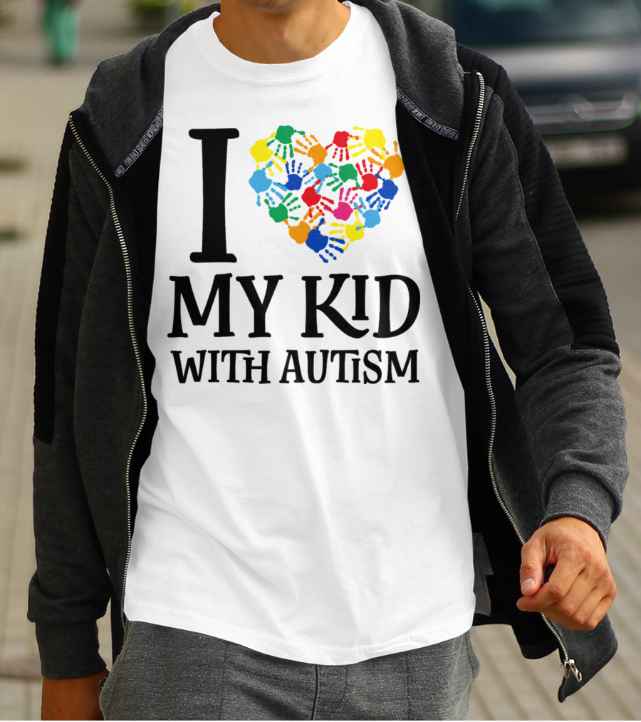 I Heart My Kid With Autism Multicolor Handprints T-Shirt