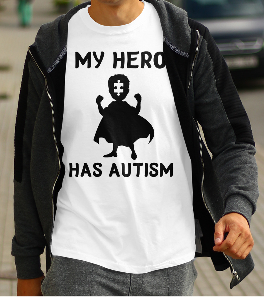 My Hero Has Autism Silhouette With Puzzle Piece Face T-Shirt