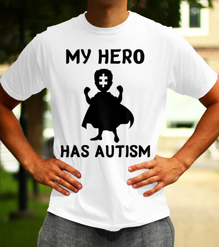 My Hero Has Autism Silhouette With Puzzle Piece Face T-Shirt