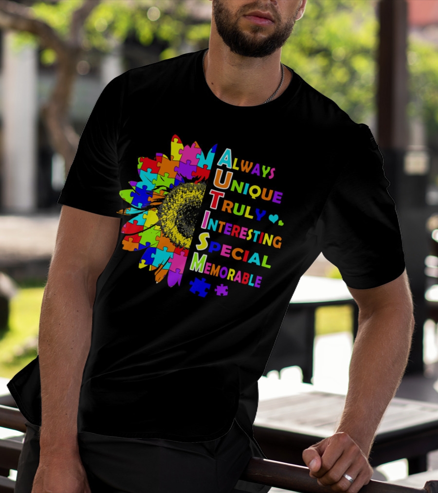 Autism Always Unique Truly Interesting Special Memorable Puzzle Sunflower T-Shirt