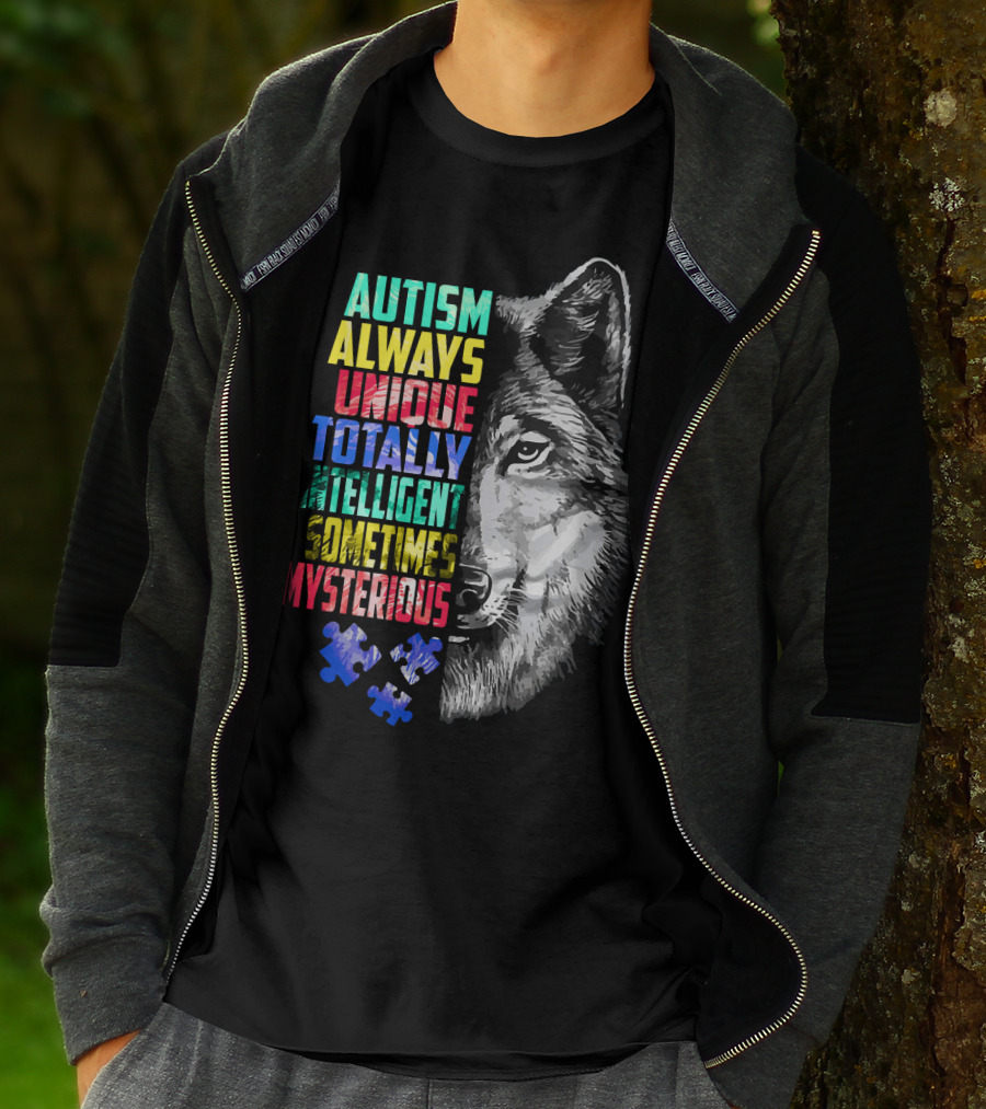 Autism Always Unique Totally Intelligent Sometimes Mysterious Wolf Puzzle T-Shirt