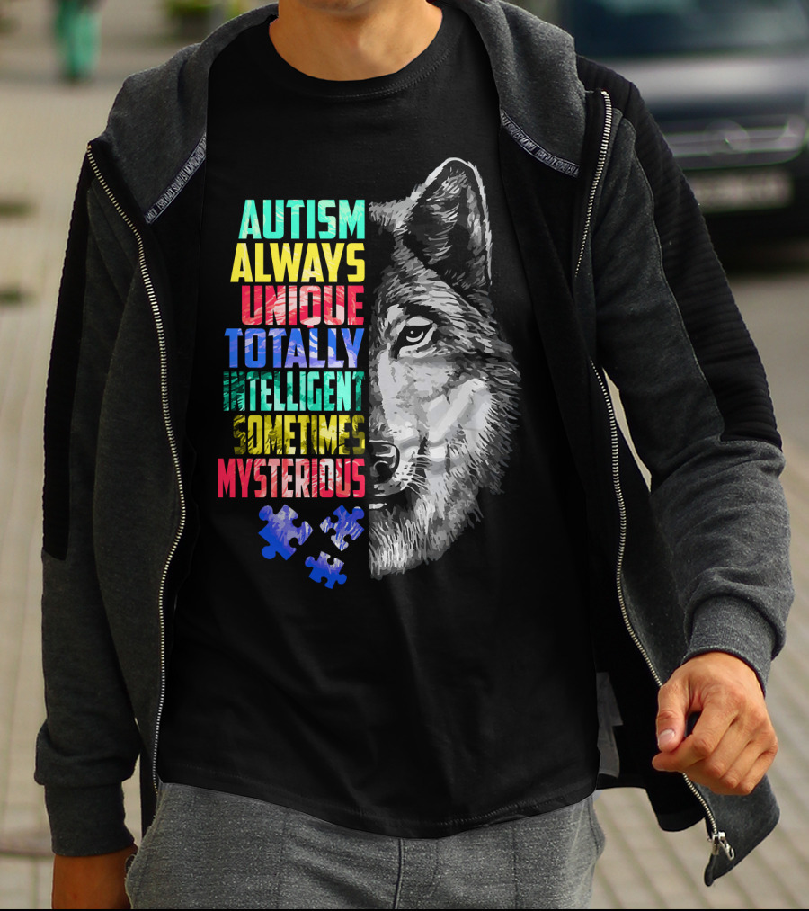 Autism Always Unique Totally Intelligent Sometimes Mysterious Wolf Puzzle T-Shirt