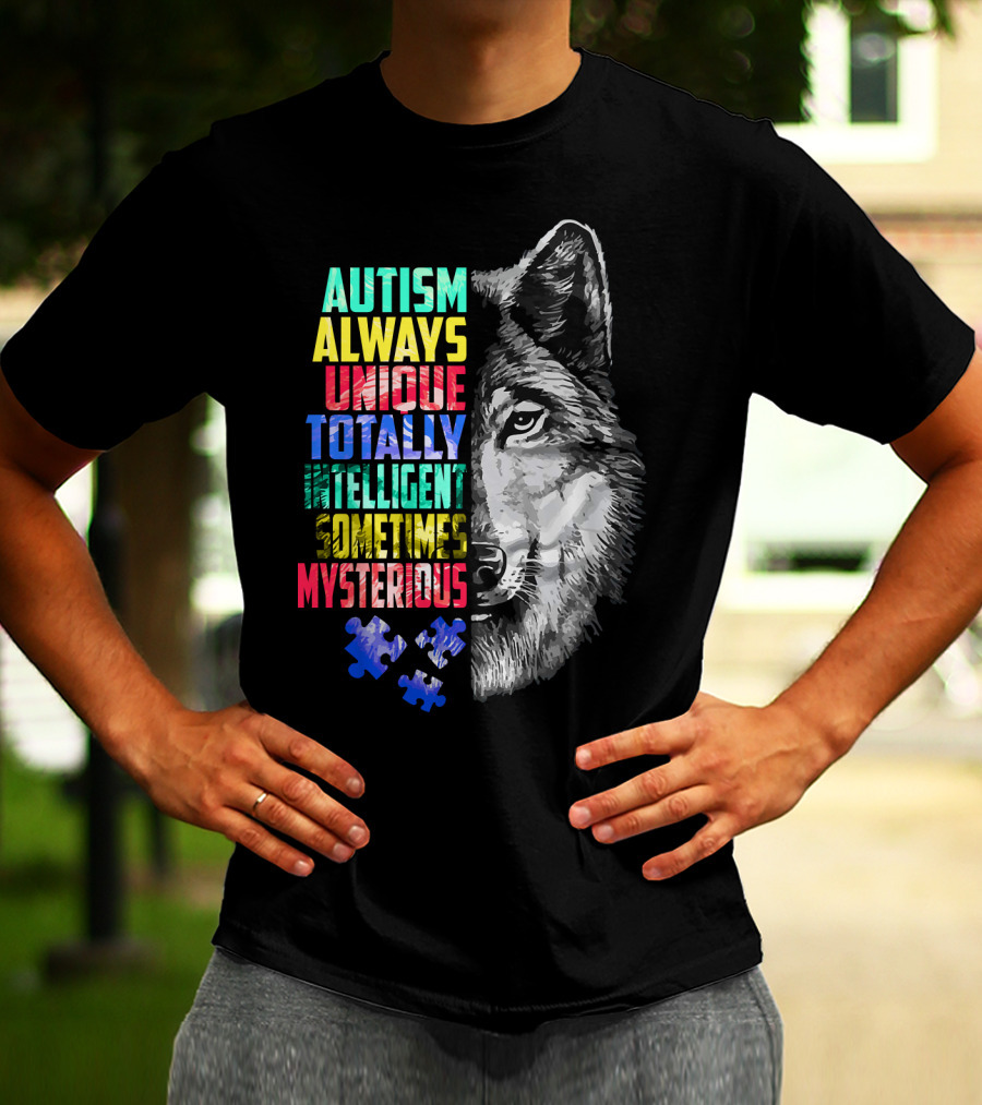 Autism Always Unique Totally Intelligent Sometimes Mysterious Wolf Puzzle T-Shirt