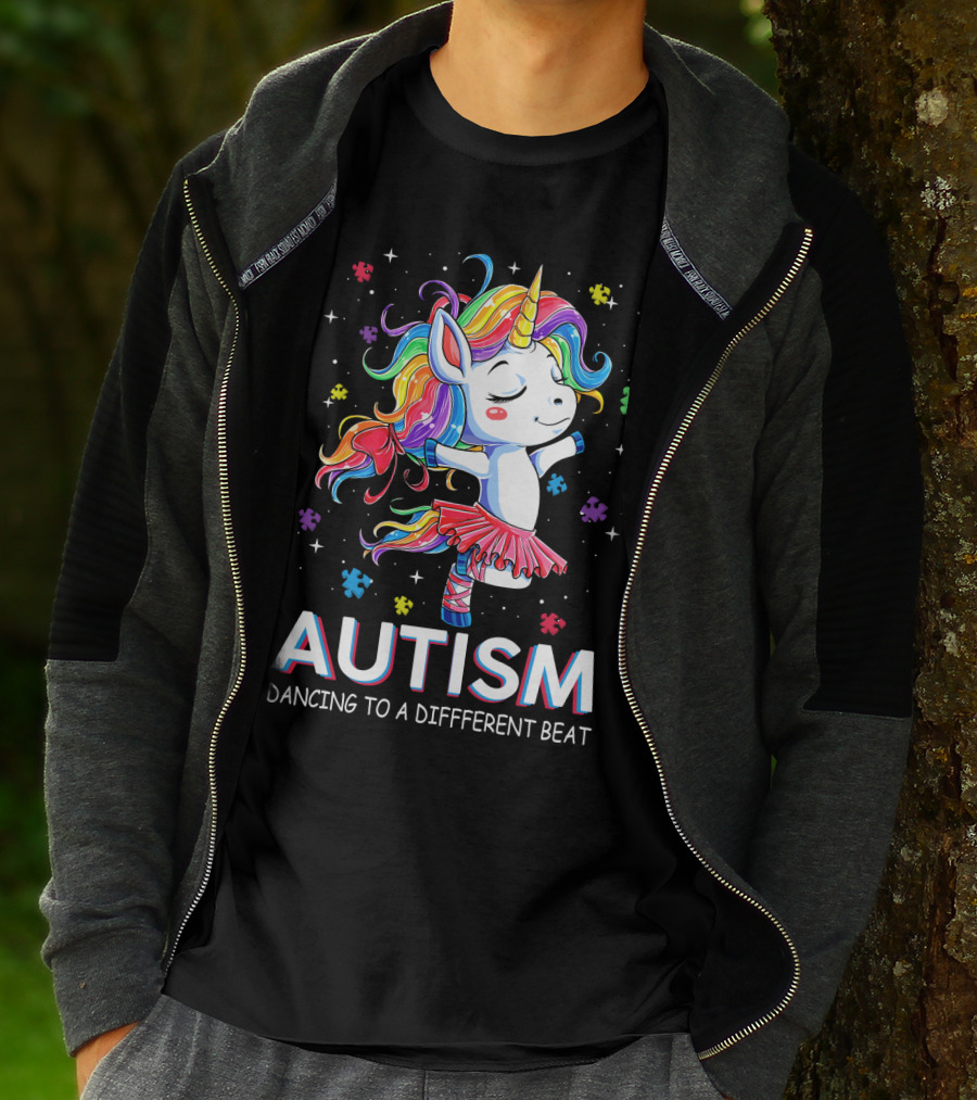 Autism Dancing To A Different Beat Unicorn Puzzle Pieces Rainbow Hair T-Shirt