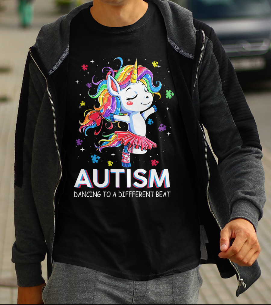 Autism Dancing To A Different Beat Unicorn Puzzle Pieces Rainbow Hair T-Shirt