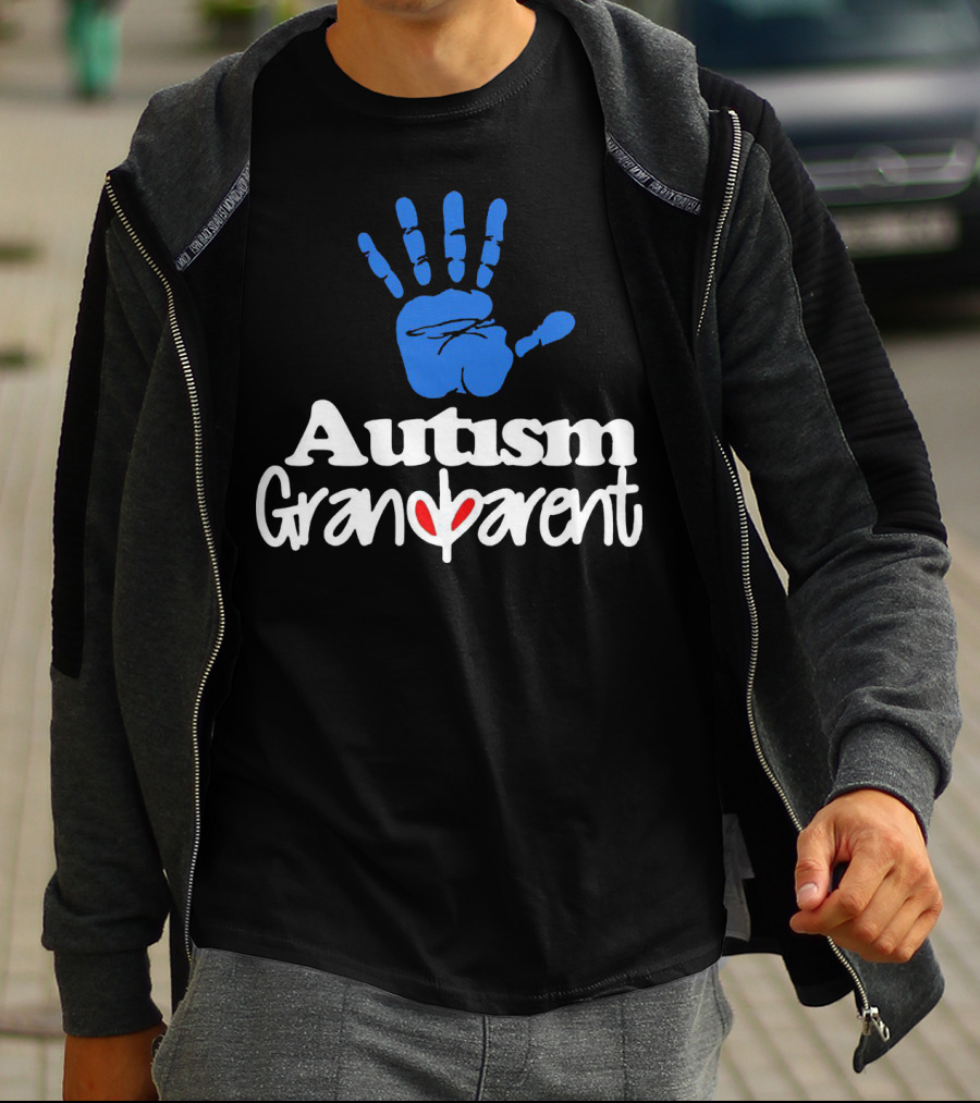 Autism Grandparent Blue Handprint Red Heart Inclusion T-Shirt