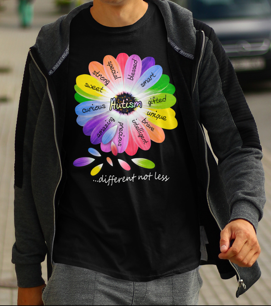 Autism Different Not Less Special Strong Sweet Curious Amazing Precious Blessed Smart Gifted Unique Brave Intelligent T-Shirt