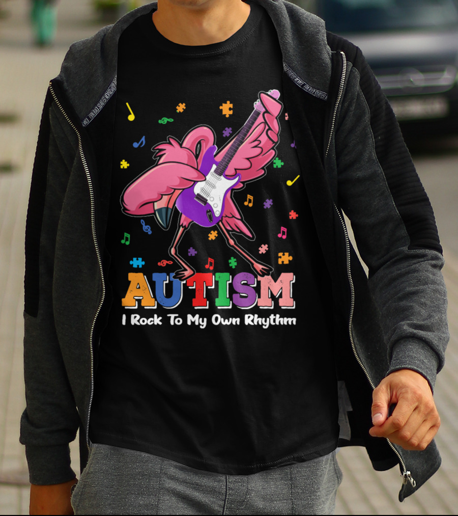 Autism I Rock To My Own Rhythm Flamingo With Guitar And Puzzle Pieces T-Shirt