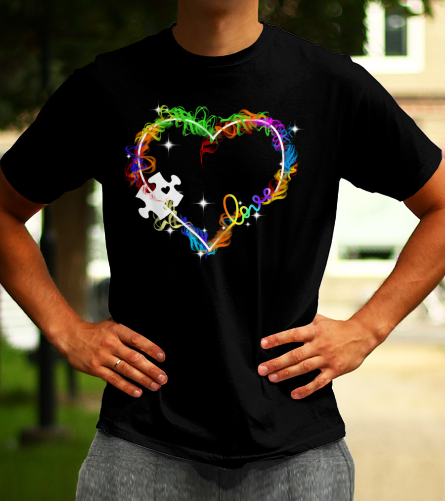 Love Heart Rainbow Puzzle Autism T-Shirt