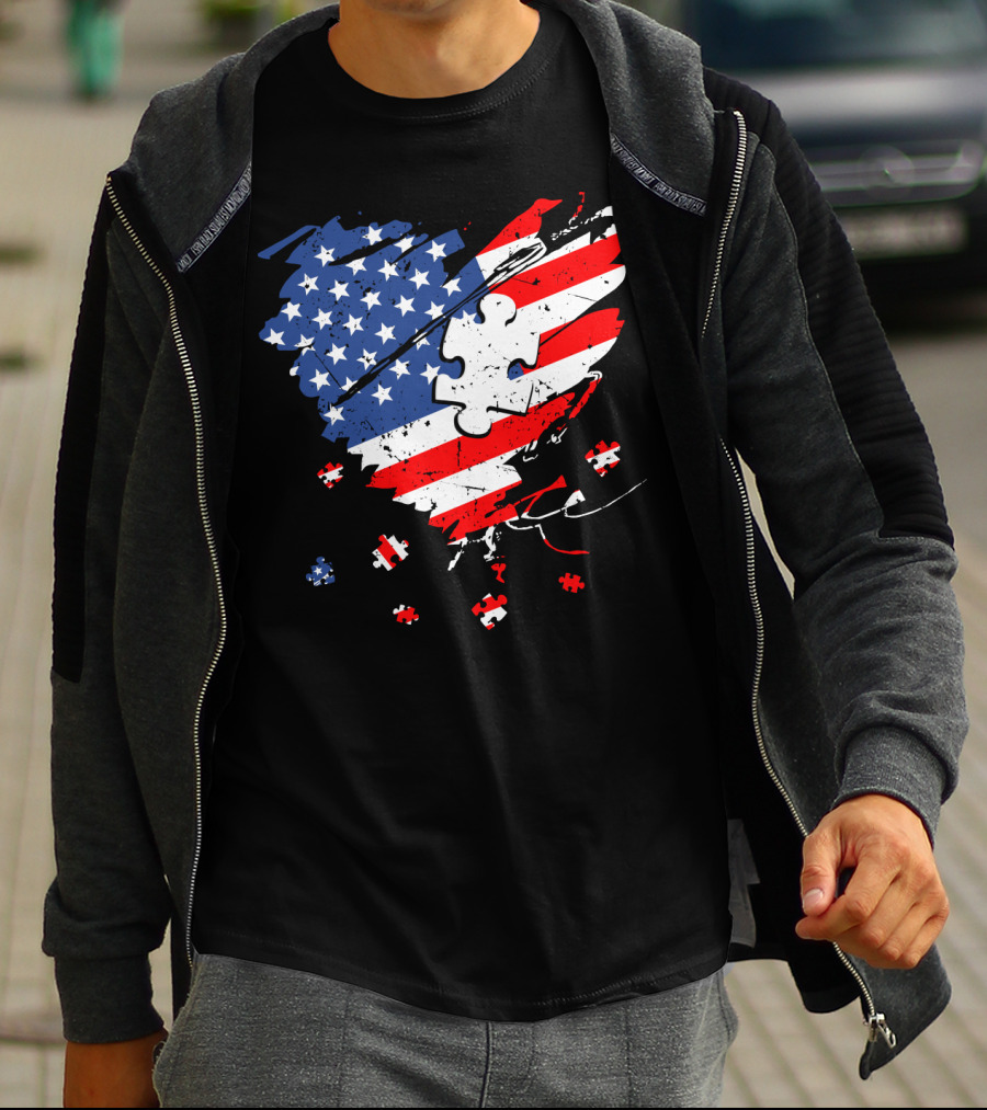 Autism USA Puzzle Heart Flag T-Shirt