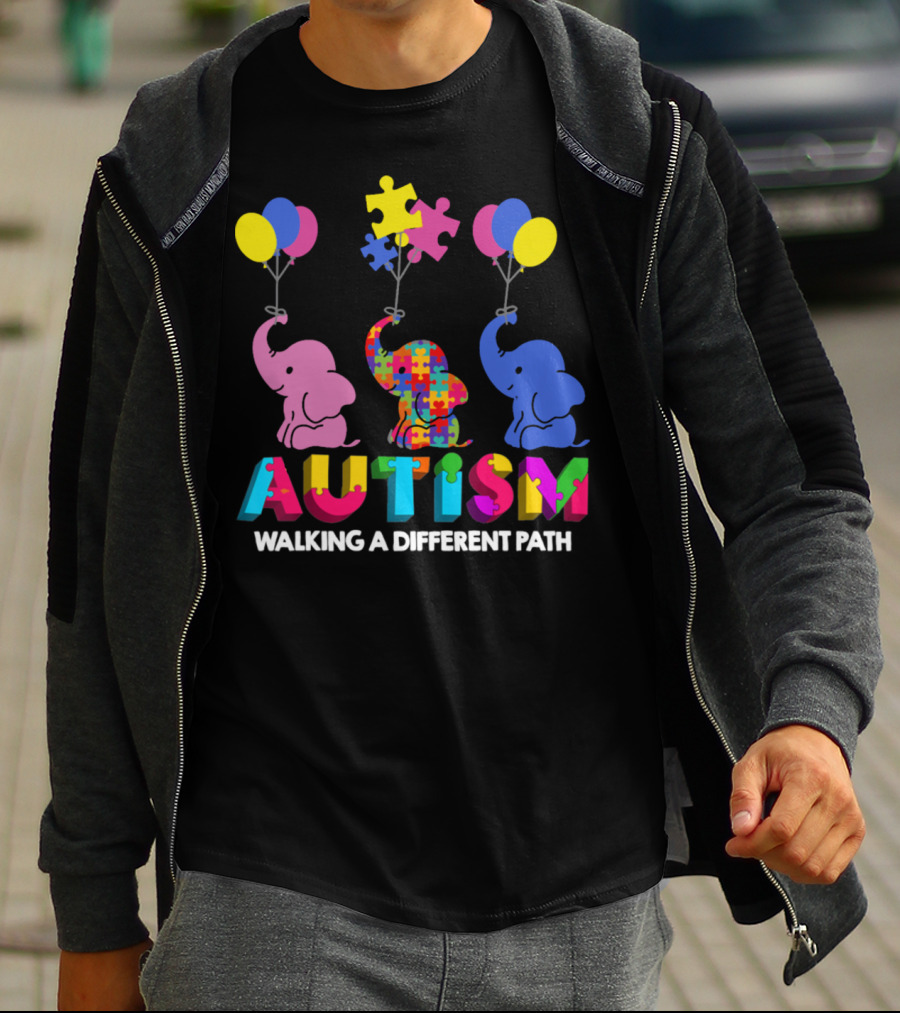 Autism Walking A Different Path Colorful Elephants And Balloons T-Shirt