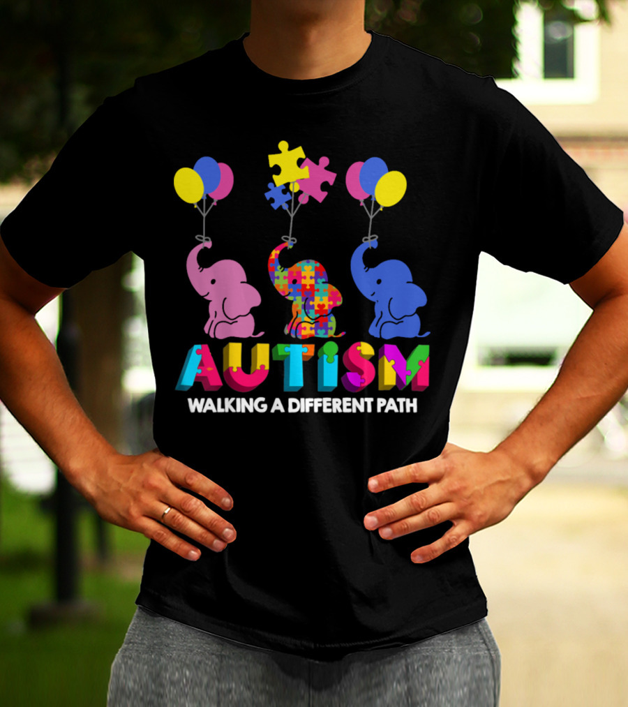 Autism Walking A Different Path Colorful Elephants And Balloons T-Shirt