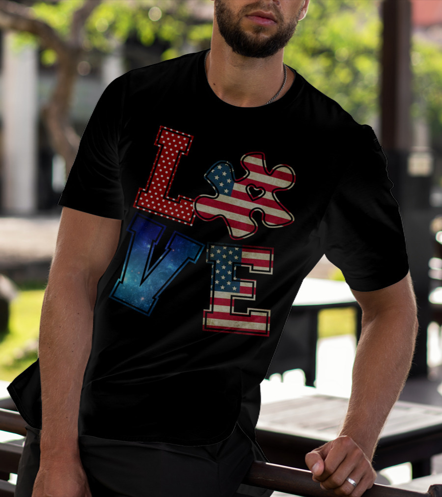 Love Needs No Words Galaxy Stars And Stripes Puzzle Piece T-Shirt