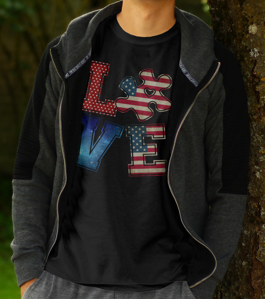 Love Needs No Words Galaxy Stars And Stripes Puzzle Piece T-Shirt