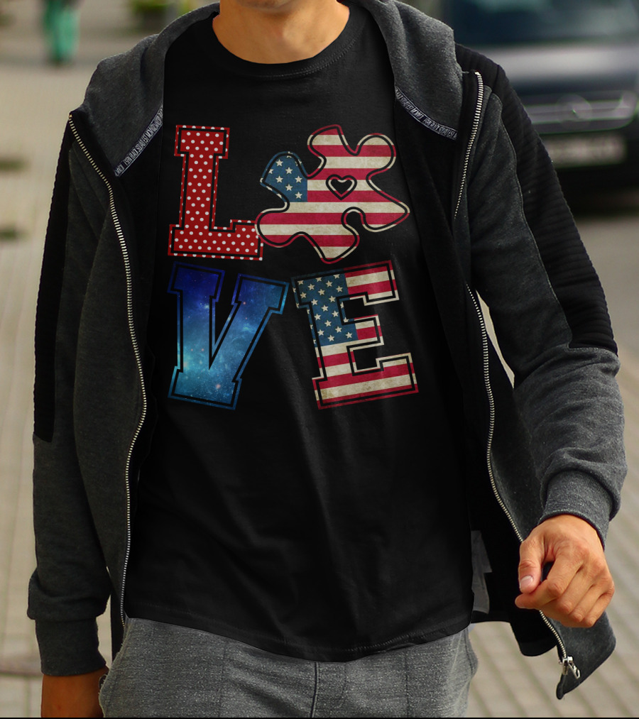 Love Needs No Words Galaxy Stars And Stripes Puzzle Piece T-Shirt