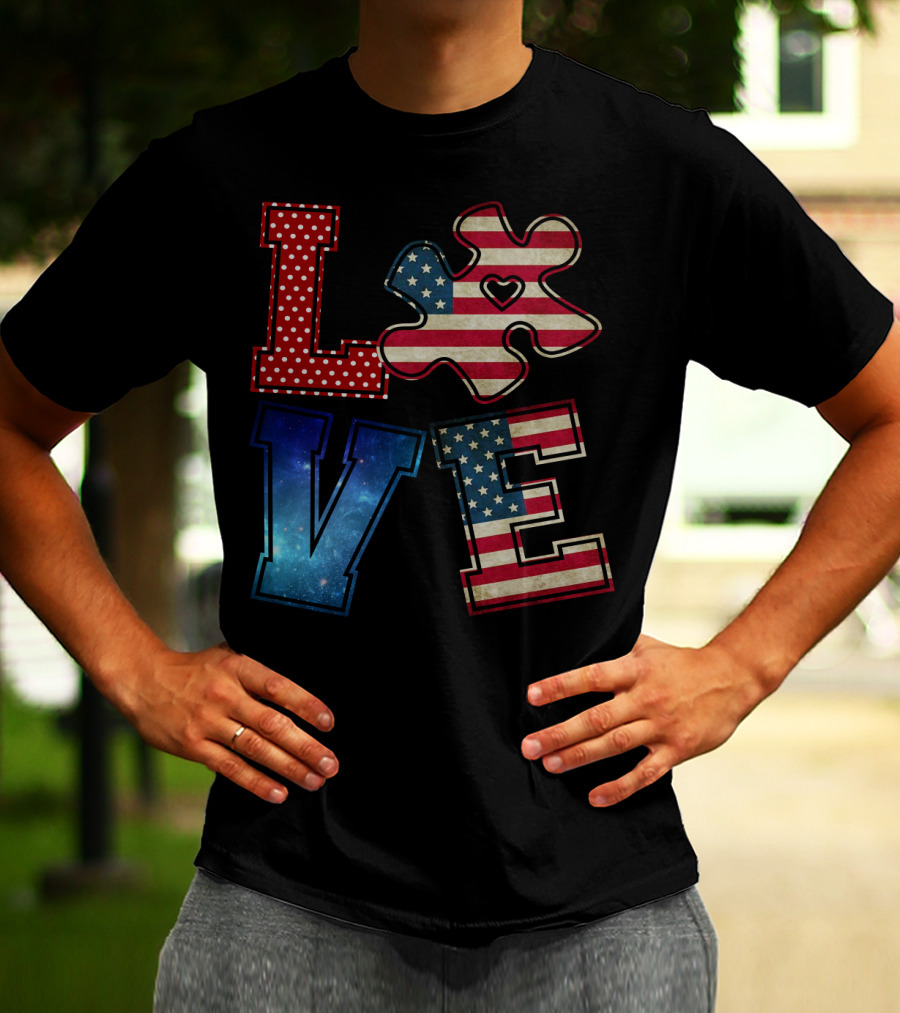 Love Needs No Words Galaxy Stars And Stripes Puzzle Piece T-Shirt