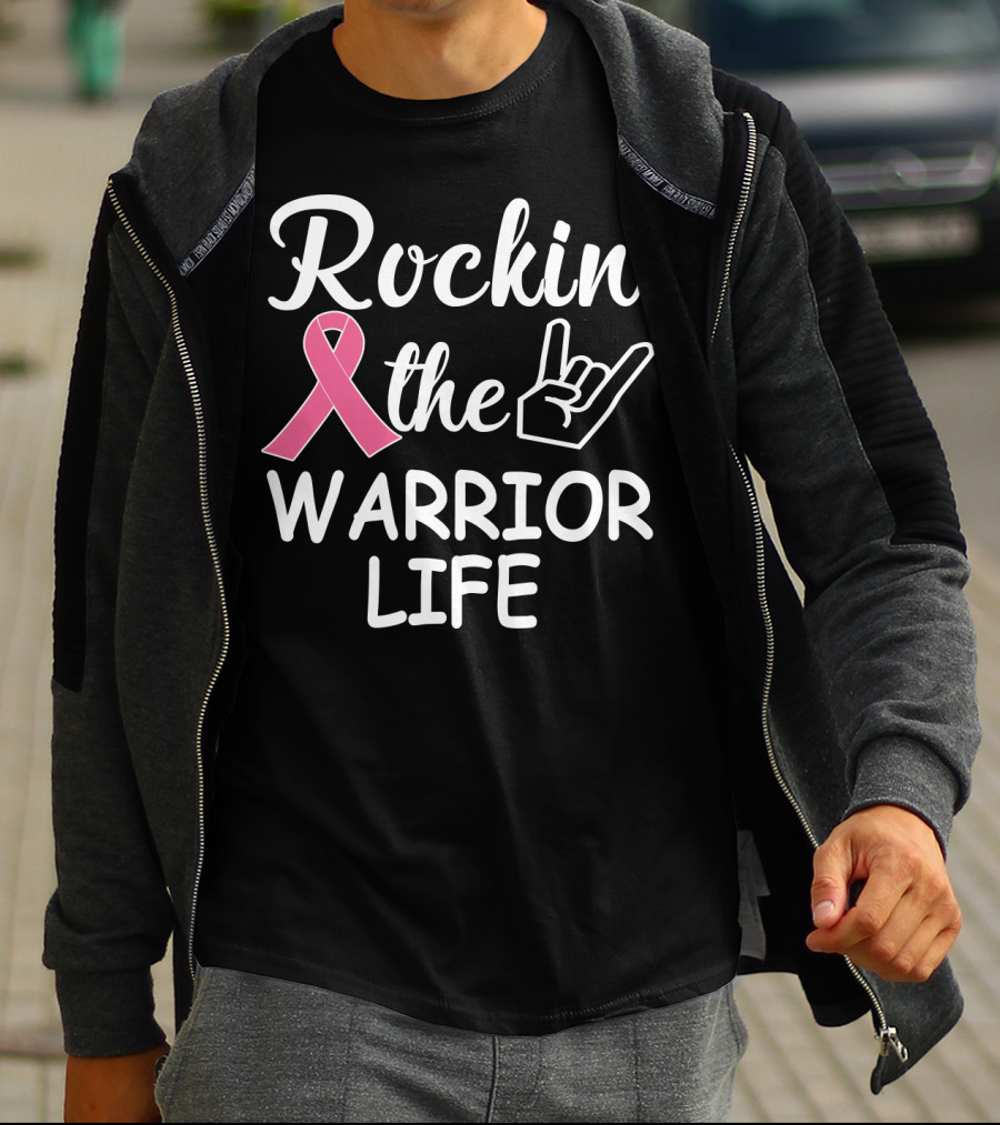 Rockin' The Warrior Life Pink Ribbon Rock Hand T-Shirt