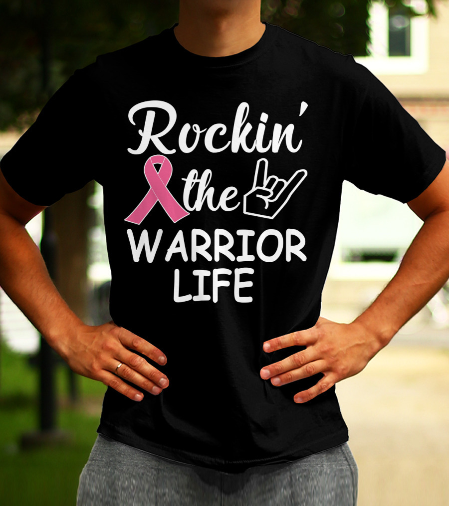 Rockin' The Warrior Life Pink Ribbon Rock Hand T-Shirt