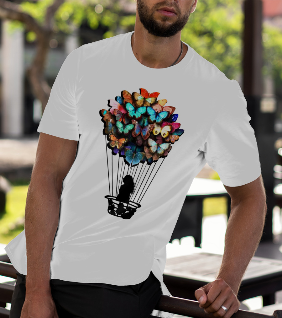 Butterfly BU01 Hot Air Balloon Silhouette With Colorful Wings T-Shirt