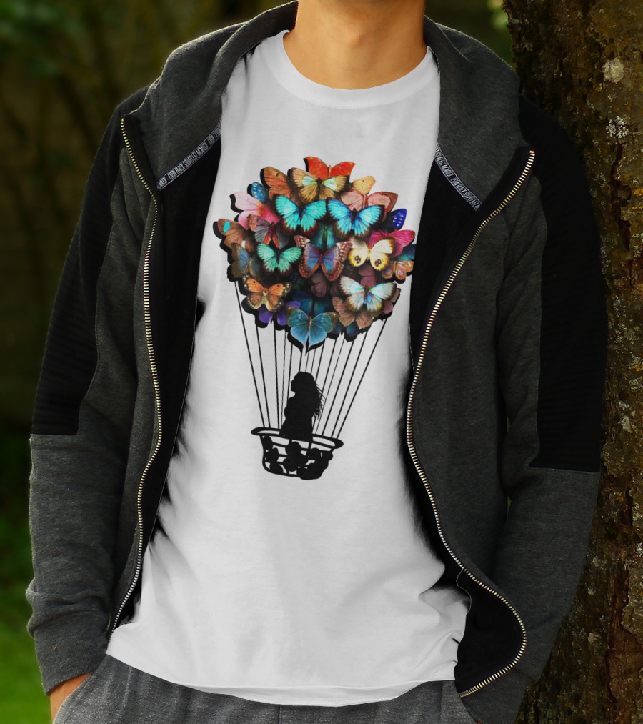 Butterfly BU01 Hot Air Balloon Silhouette With Colorful Wings T-Shirt