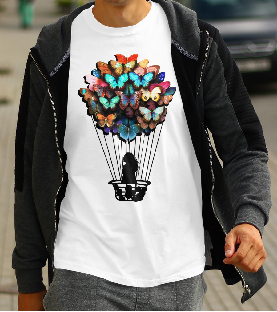 Butterfly BU01 Hot Air Balloon Silhouette With Colorful Wings T-Shirt