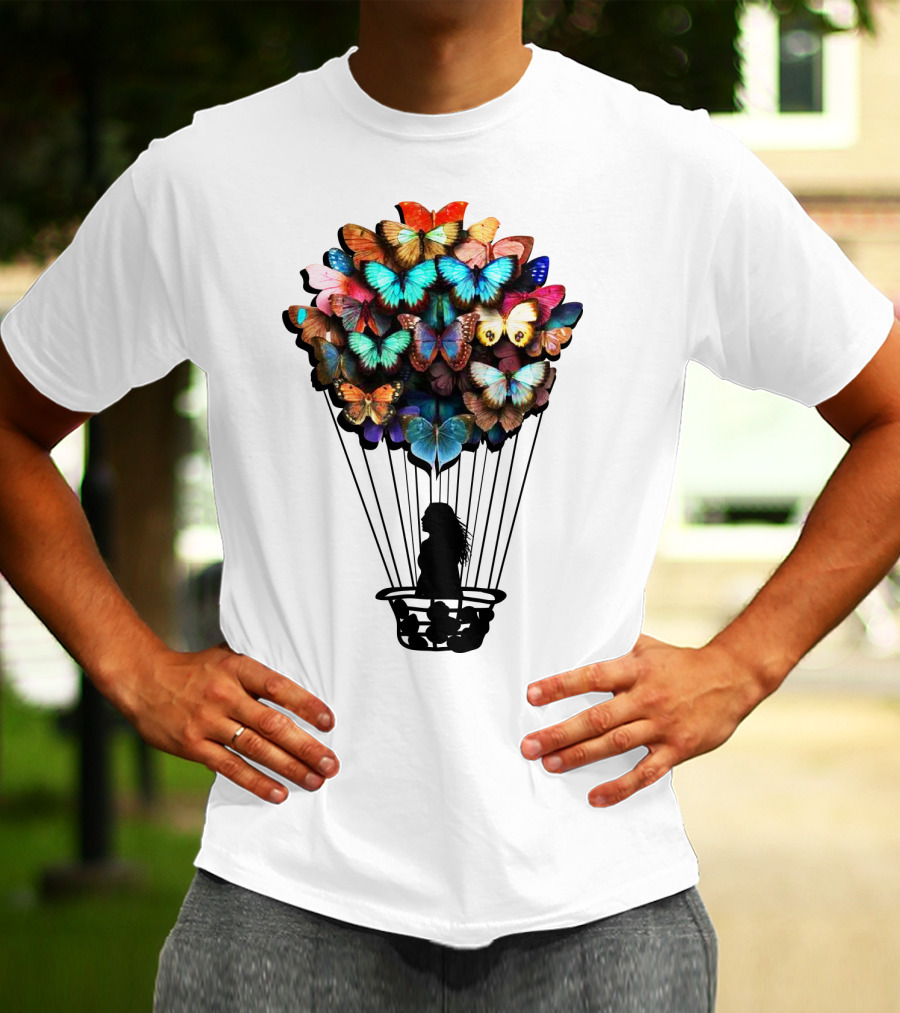 Butterfly BU01 Hot Air Balloon Silhouette With Colorful Wings T-Shirt
