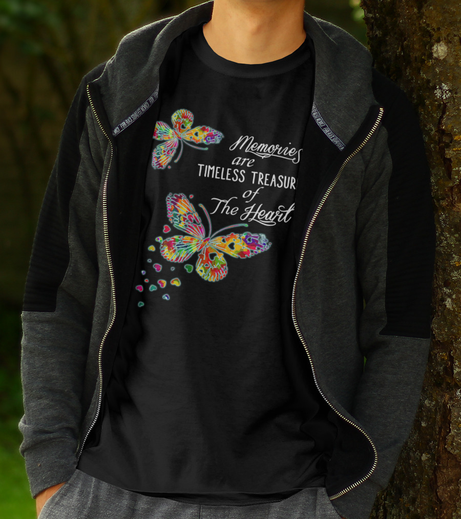 Memories Are Timeless Treasures Of The Heart Colorful Butterflies And Heart Shapes T-Shirt
