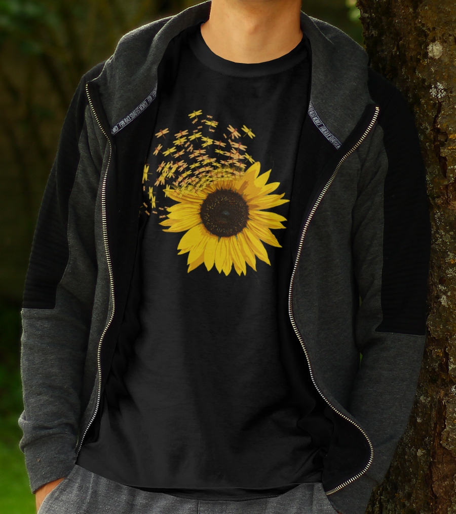 Sunflower Burst With Dragonflies Spiral T-Shirt
