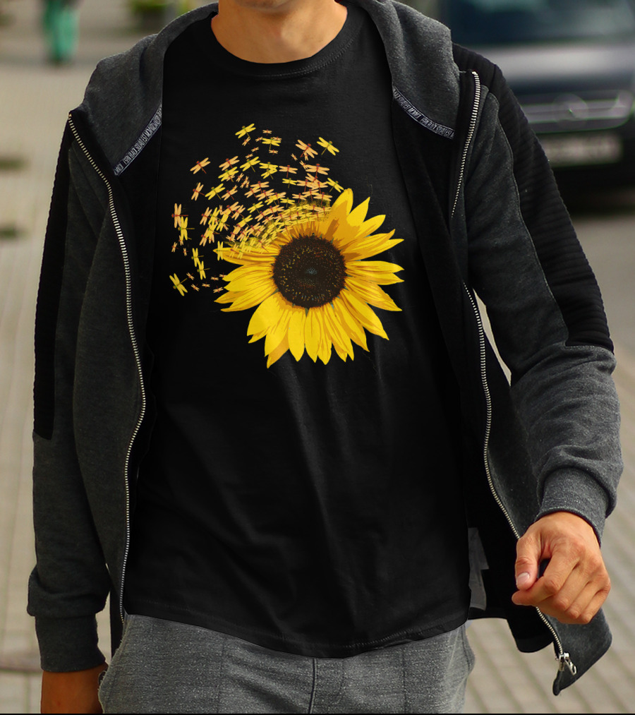 Sunflower Burst With Dragonflies Spiral T-Shirt