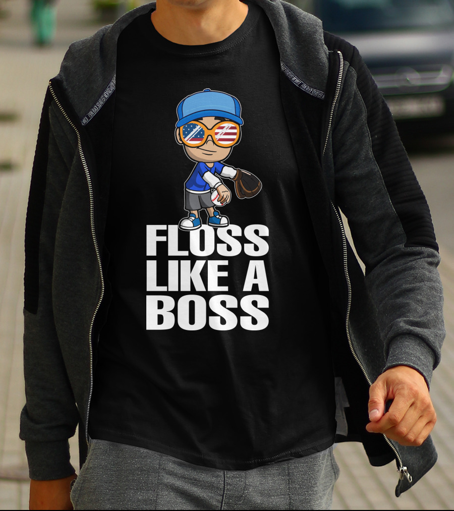 Floss Like A Boss Baseball Player American Flag Sunglasses T-Shirt