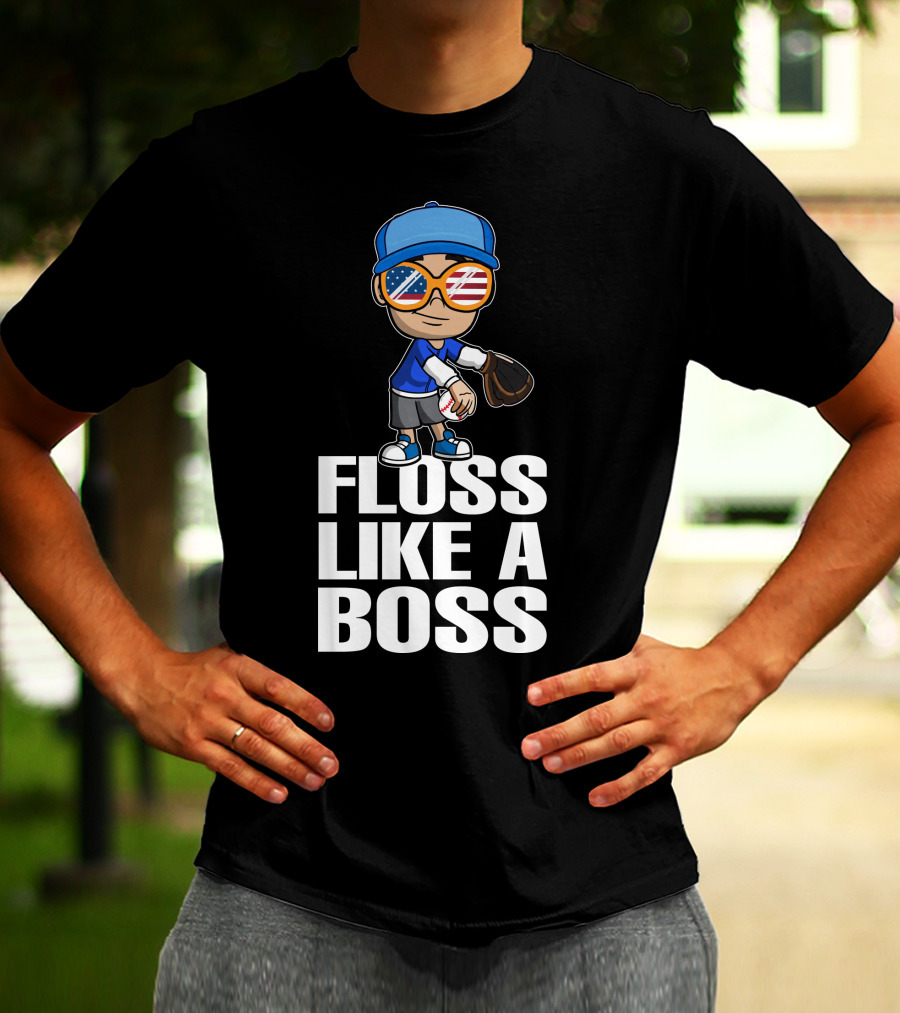 Floss Like A Boss Baseball Player American Flag Sunglasses T-Shirt