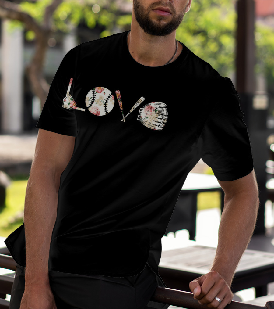 Love Baseball Floral Bat Glove Home Plate T-Shirt