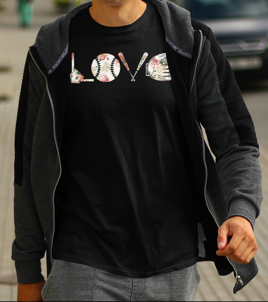 Love Baseball Floral Bat Glove Home Plate T-Shirt
