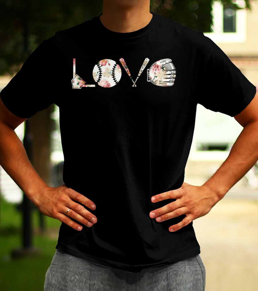 Love Baseball Floral Bat Glove Home Plate T-Shirt