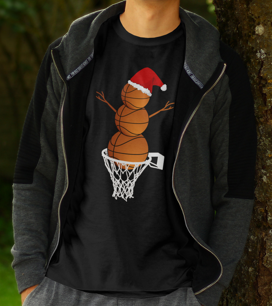 Basketball Snowman With Santa Hat In Hoop T-Shirt