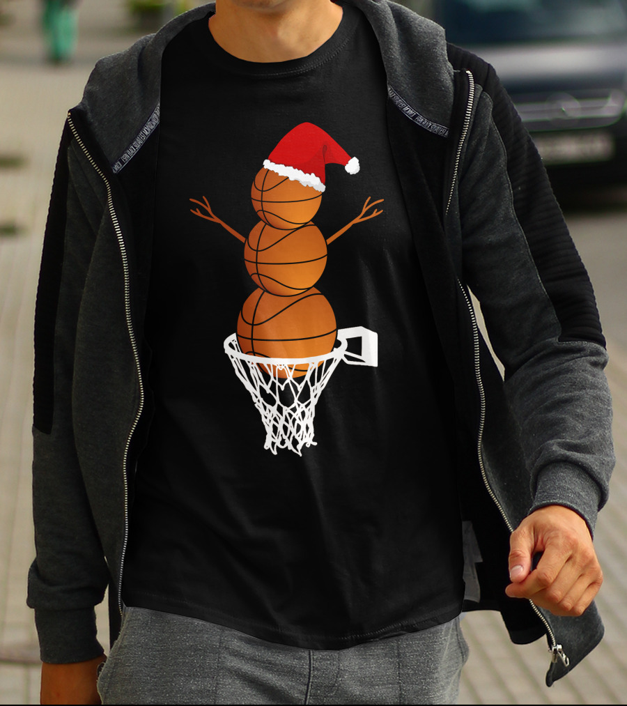 Basketball Snowman With Santa Hat In Hoop T-Shirt