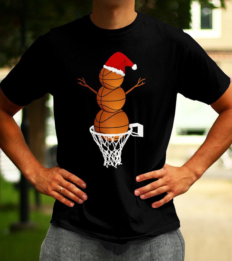 Basketball Snowman With Santa Hat In Hoop T-Shirt