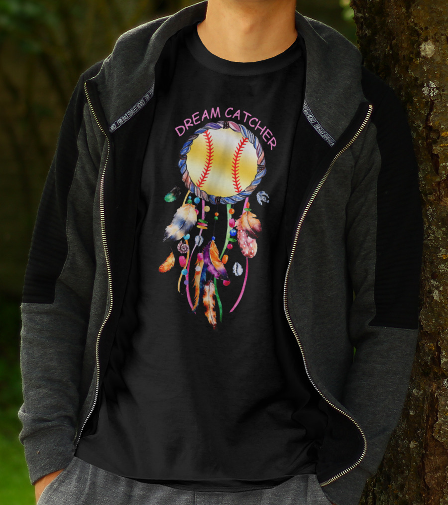 Dream Catcher Softball With Feather And Bead Accents T-Shirt