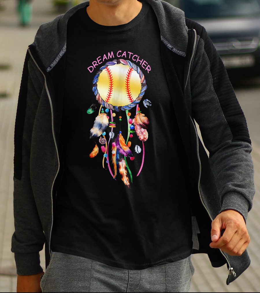 Dream Catcher Softball With Feather And Bead Accents T-Shirt