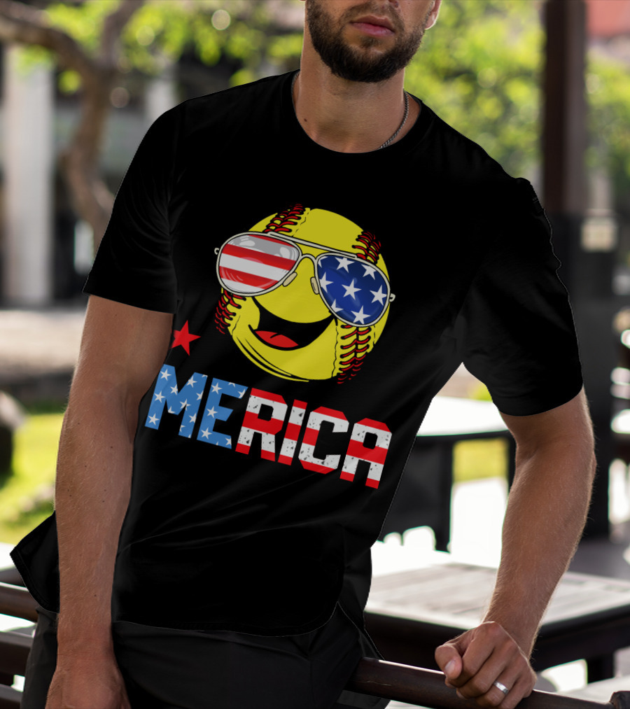 Softball MERICA Smiling Baseball With American Flag Sunglasses T-Shirt