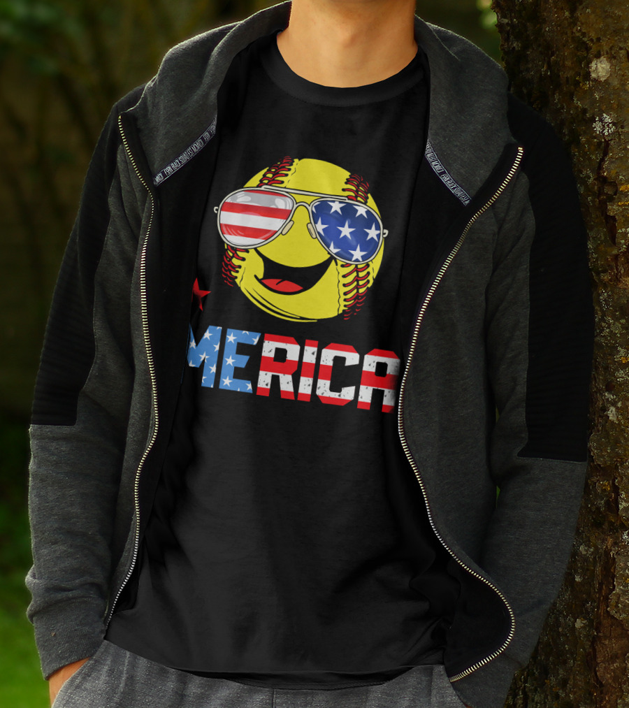 Softball MERICA Smiling Baseball With American Flag Sunglasses T-Shirt
