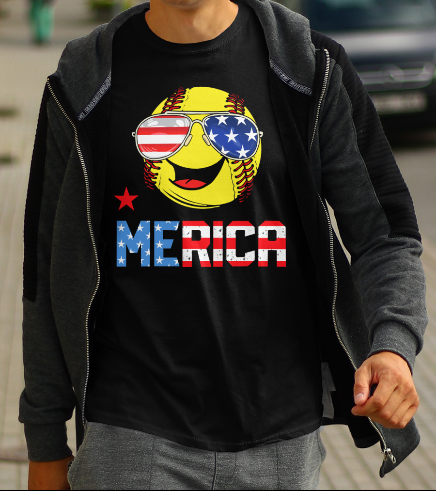 Softball MERICA Smiling Baseball With American Flag Sunglasses T-Shirt